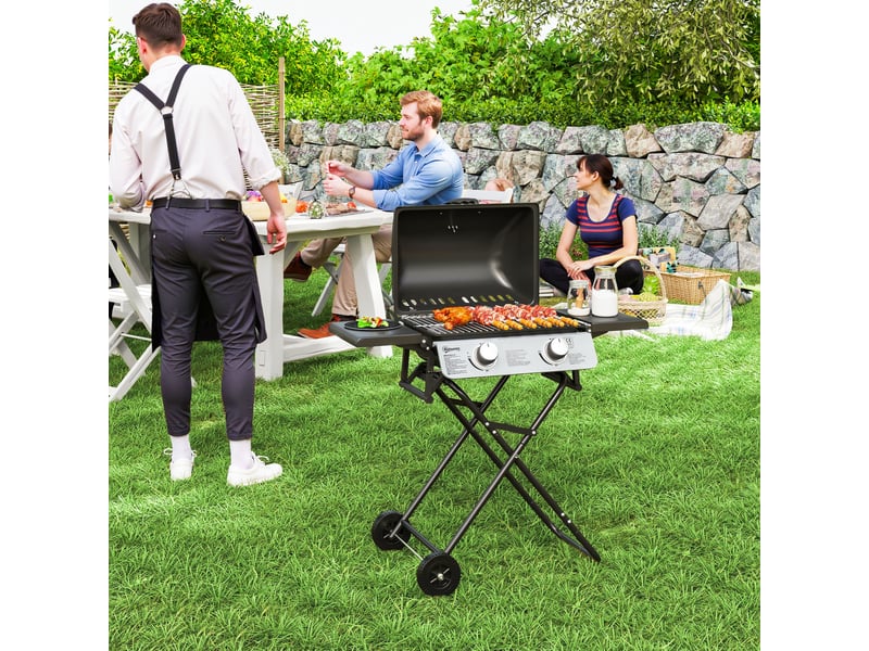  Barbecue gaz transportable, 2 brûleurs 5,6 kw, barbecue gaz de camping avec étagères latérales thermomètre et roues, noir  - Conforama D