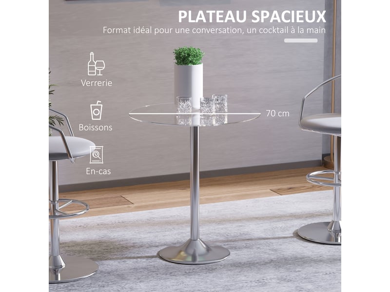  Table à manger ronde pour 2 personnes, argenté, table de cuisine moderne avec plateau en verre trempé et base en acier  - Conforama E