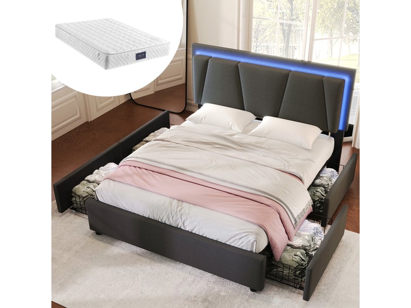  Lit double,160x200 cm,capitonné avec 4 tiroirs et led,mdf,gris  - Conforama B