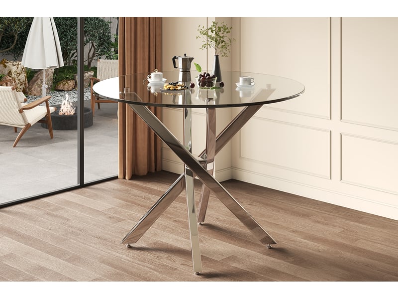  Table à manger ronde en verre trempé – 80 x 75 cm – piètement métallique argenté  - Conforama C