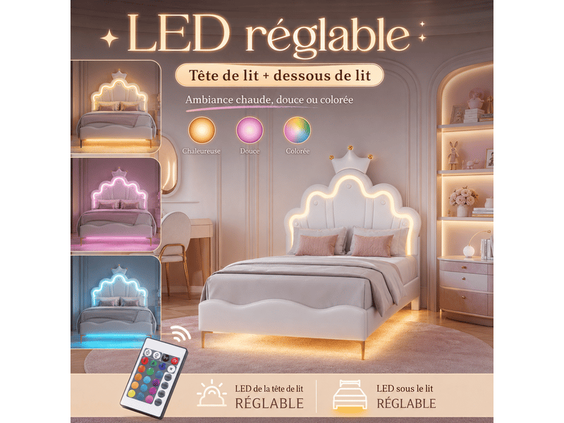 Lit fille 90x190cm avec sommier led réglables - lit simple enfant avec tête de lit réglable en hauteur - sommier à lattes - lit 90x190 cm - lumineuse led - lit fille avec tête de lit réglable - lit princesse en forme couronne - … - Conforama C