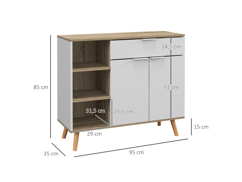  Meuble de rangement buffet cuisine 1 tiroir 1 placard double porte 3 étagères réglables blanc 95 x 35 x 85 cm  - Conforama C