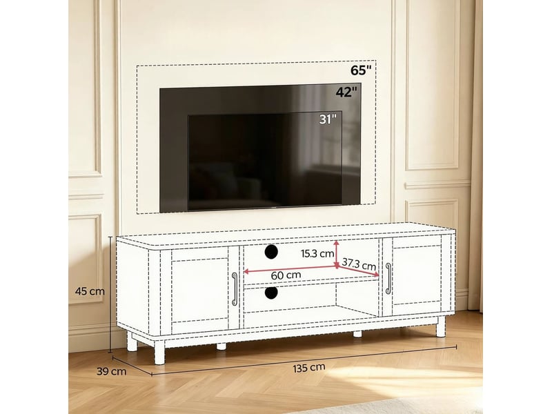  Meuble tv 135 x 39 x 45 cm, chêne clair, portes en rotin et niches ouvertes  - Conforama C