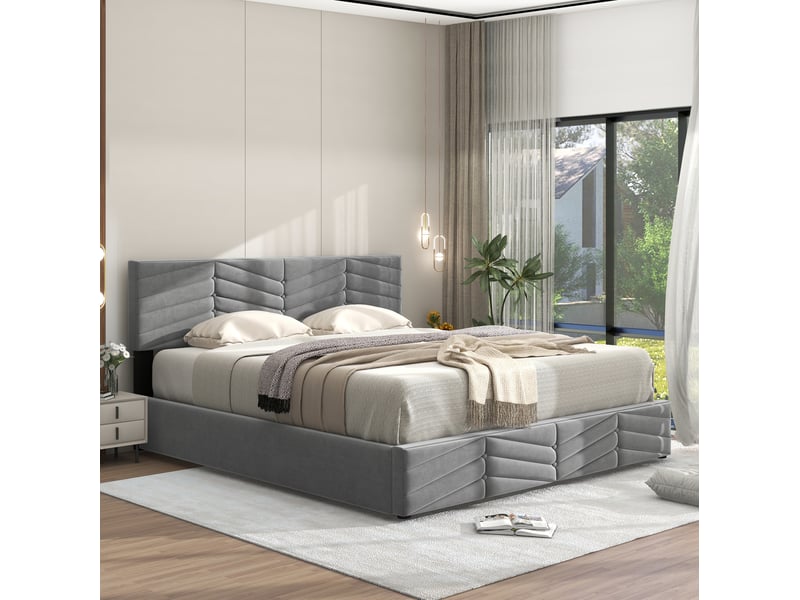  Lit coffre 140x190 cm en velours gris avec tête de lit réglable et sommier  - Conforama E