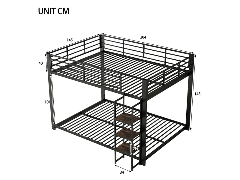  Lit superposé double en métal 140x200 cm avec escalier étagère à larges marches en bois, garde-corps, cadre robuste, pour enfants et adolescents, noir  - Conforama D