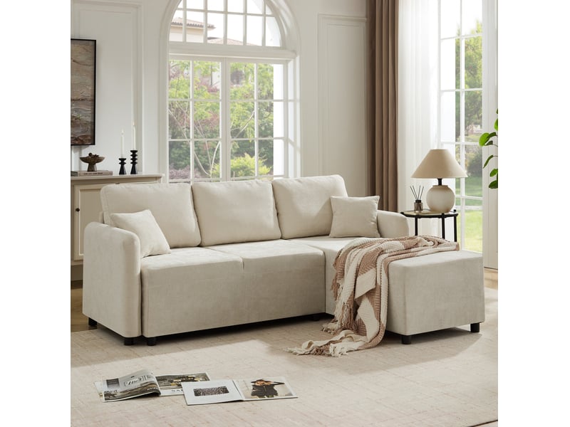 Canapé d’angle 3 places modenvie avec méridienne droite, revêtement en chenille, mousse haute densité, beige clair, 187,5 x 144 x 85,5 cm - Conforama E