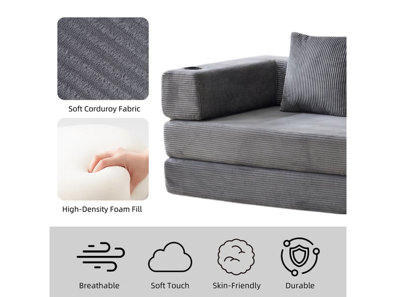  Canapé convertible pliable avec accoudoirs rabattables  - porte-gobelets et poches velours côtelé gris foncé  - Conforama E