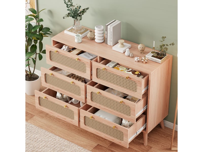  Buffet à 6 tiroirs en rotin, meuble de rangement multifonction, style bois naturel, poignées dorées, bois clair  - Conforama D