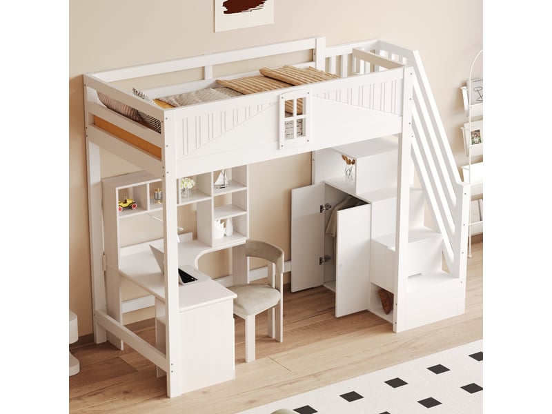 Lit mezzanine en bois massif, 90 x 200 cm, échelle de sécurité latérale avec rangements, blanc - Conforama D