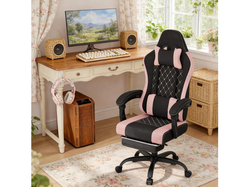 Chaise de bureau gaming avec fonction massage, dossier inclinable et appui-tête, en tissu mesh et métal noir et rose - Conforama C