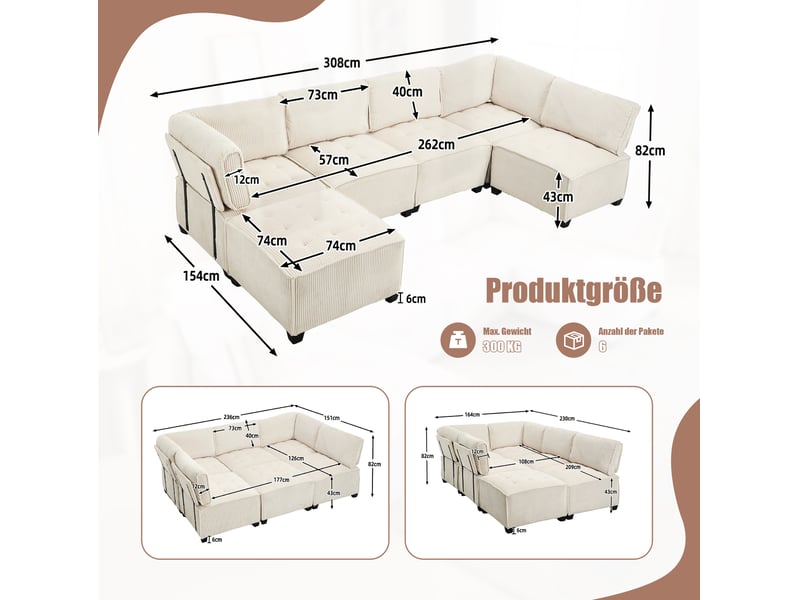 Canapé modulaire 6 places 308x154x81,99 cm poches latérales velours côtelé beige - Conforama E