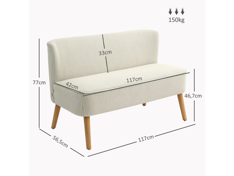 Canapé droit 2 places 117x56,5x77cm sans accoudoirs | style moderne scandinave velours côtelé | structure bois massif charge 150kg - blanc crème - Conforama E