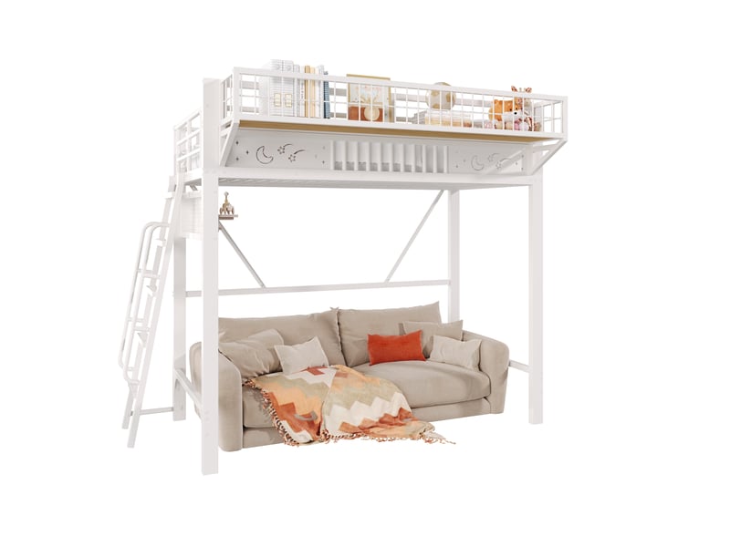 Lit mezzanine 1 place 90×200 cm, rangements et espace ouvert - sans matelas, métal - blanc - Conforama A