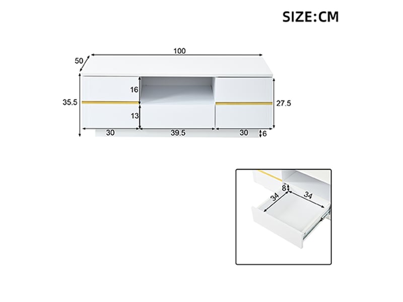  Table basse 100x50x35,5 cm blanche et dorée, led, 2 portes, 1 tiroir et niche ouverte Fay Lum - Conforama C
