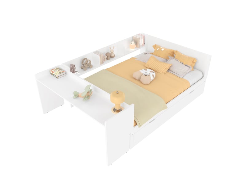 Lit double 140x200 en bois avec bureau intégré et lit gigogne 90x190 - blanc  - Conforama A