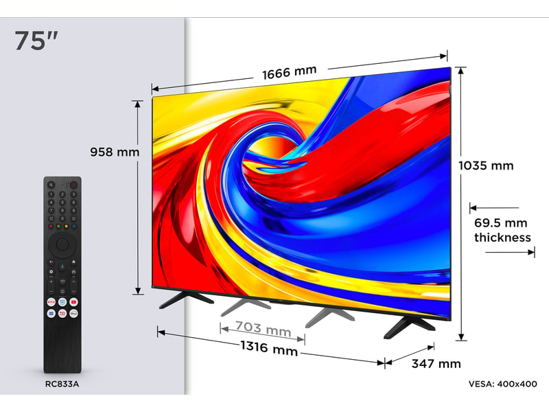  75p7l-tv 75 pouces 3840 x 2160 pixels, qled, smart tv, wifi, noir  - Conforama D