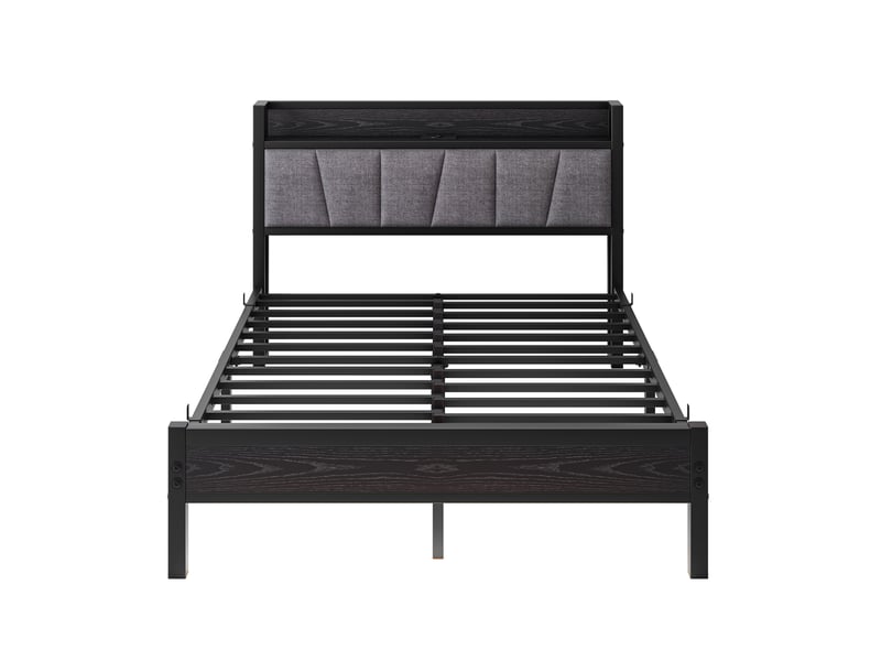  Cadre de lit 140 x 190 cm noir avec tête de lit de rangement, led et station de charge  - Conforama A