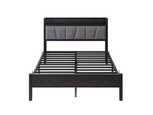 Cadre de lit 140 x 190 cm noir avec tête de lit de rangement, led et station de charge