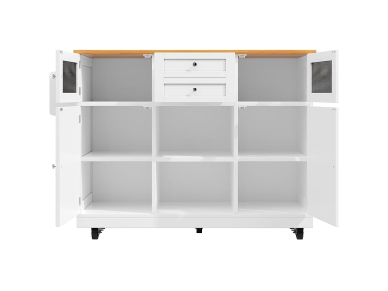  Desserte de cuisine 140x40x93,5 cm blanche en mdf et métal, plateau pliant, rangements à roulettes  - Conforama D