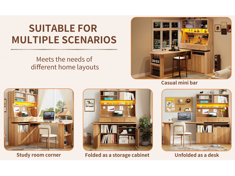  Meuble haut avec bureau, coloris brun naturel, 137 × 74 × 177,7 cm, mdf, métal et verre, bureau et tablette bar intégrés  - Conforama C