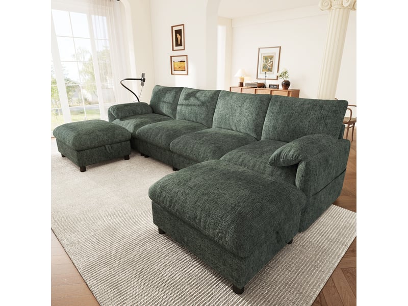 Canapé d’angle modulaire 6 places 273,5x133x81 cm avec deux poufs de rangement vert - Conforama C