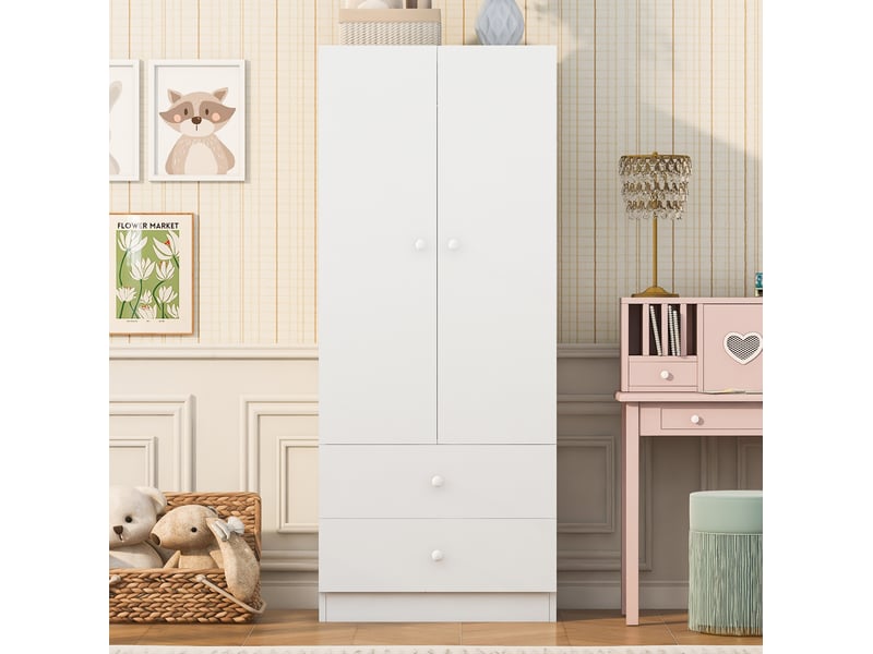  Armoire 2 portes tcqpz 70 x 40 x 170 cm avec penderie et 2 tiroirs mdf blanc et rose  - Conforama D