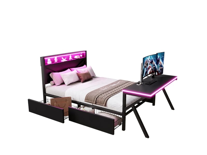  Lit gamer 140x200 avec bureau intégré et tête de lit led métal noir  - Conforama A