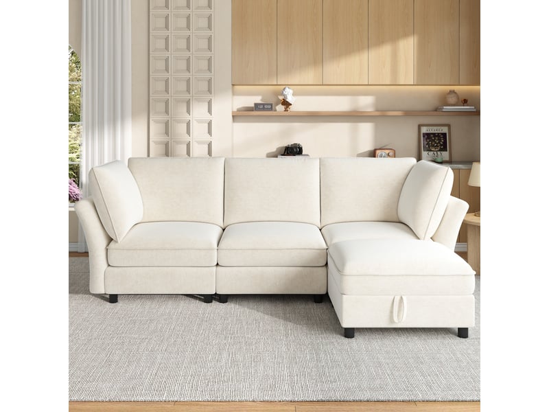 Canapé d'angle modulable en l, 4 places beige avec pouf coffre de rangement, tissu chenille doux, coussins inclus, pour salon et chambre - Conforama D