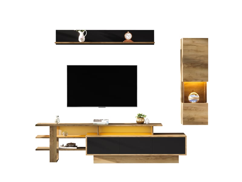  Meuble tv avec 3 tiroirs, vitrine à 3 portes et étagère murale led, pour salon, en mdf, naturel et noir  - Conforama A