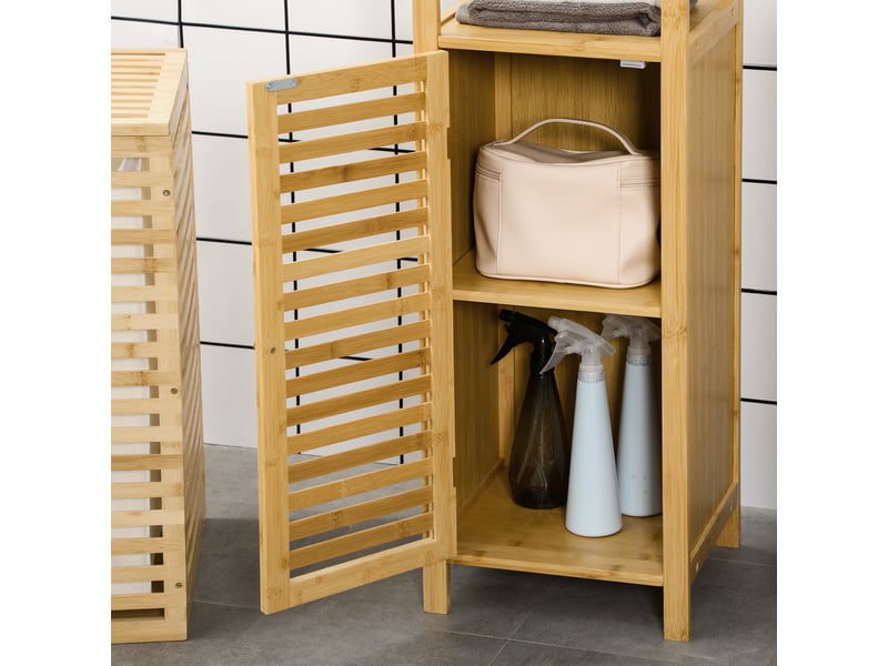 Meuble colonne salle de bain en bambou 2 étagères ouvertes et placard, bois naturel, 32,9 x 29,9 x 120 cm - Conforama W
