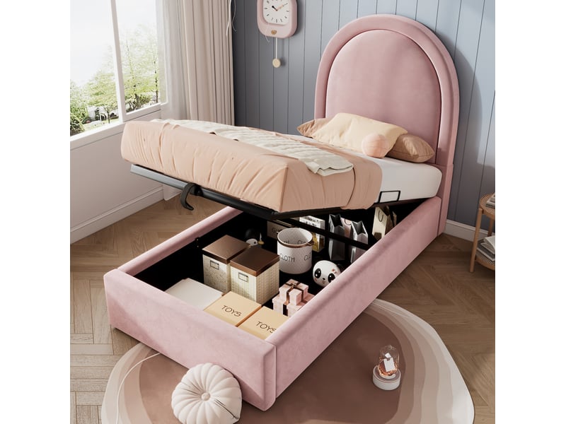  Lit enfant 90x190 cm avec coffre et sommier hydraulique, velours rose sans matelas  - Conforama B