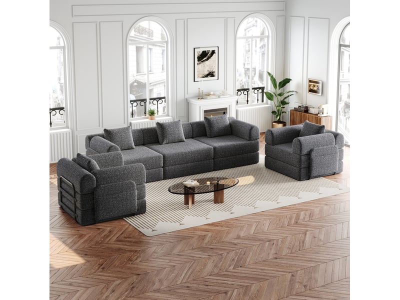  Canapé convertible modulaire modenvie 6 places en chenille gris avec rangement accoudoir 274 x 183,8 cm  - Conforama E