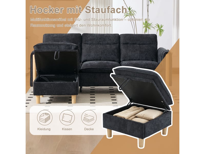  Canapé d’angle modulable 3 places avec pouf de rangement, méridienne réversible, tissu chenille, poches latérales, noir  - Conforama E