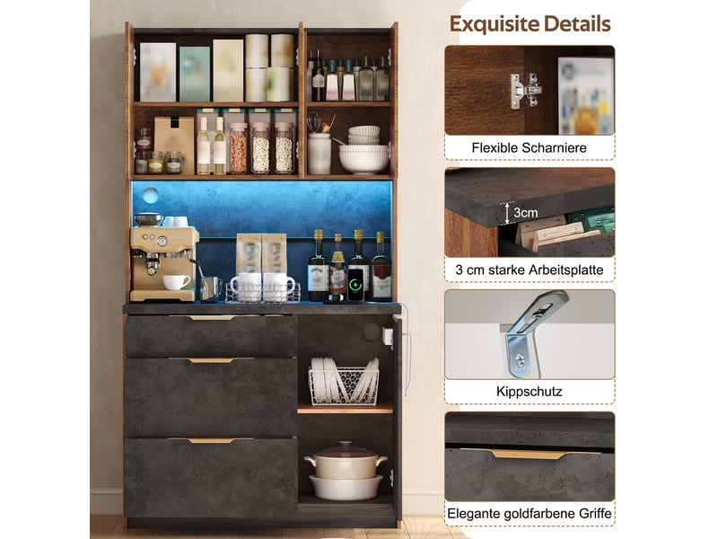  Buffet haut de cuisine 100x40x180 cm avec led rgb, 2 prises, 2 usb, 4 portes, 3 tiroirs, étagères réglables, façades texturées, mdf naturel  - Conforama E