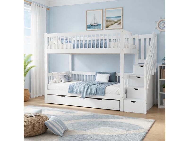 Lit superposé 3 places 90×200 cm et 90×190 cm, barrière et rangement - sans matelas, pin et mdf blanc - Conforama C
