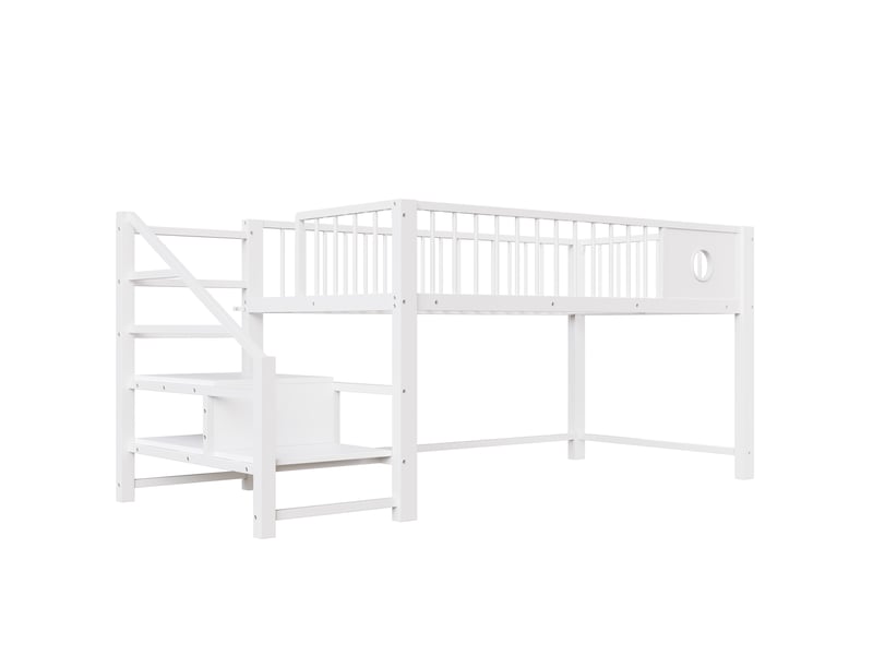 Lit mezzanine bas 90 x 200 cm, avec échelle de rangement, cadre métallique stable, pour enfants et adolescents, blanc - Conforama D