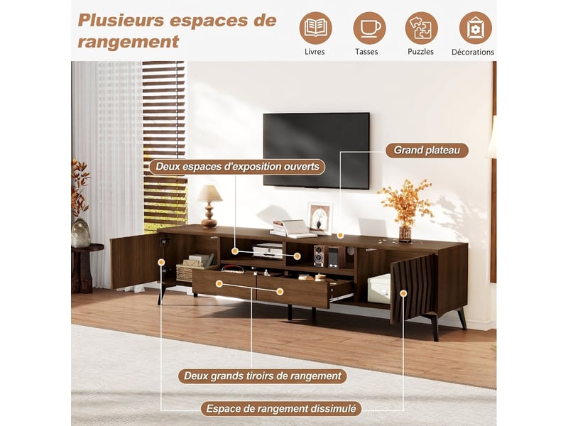  Meuble tv 180 cm couleur noyer pour téléviseur 75 pouces avec 2 portes et relief géométrique  - Conforama W