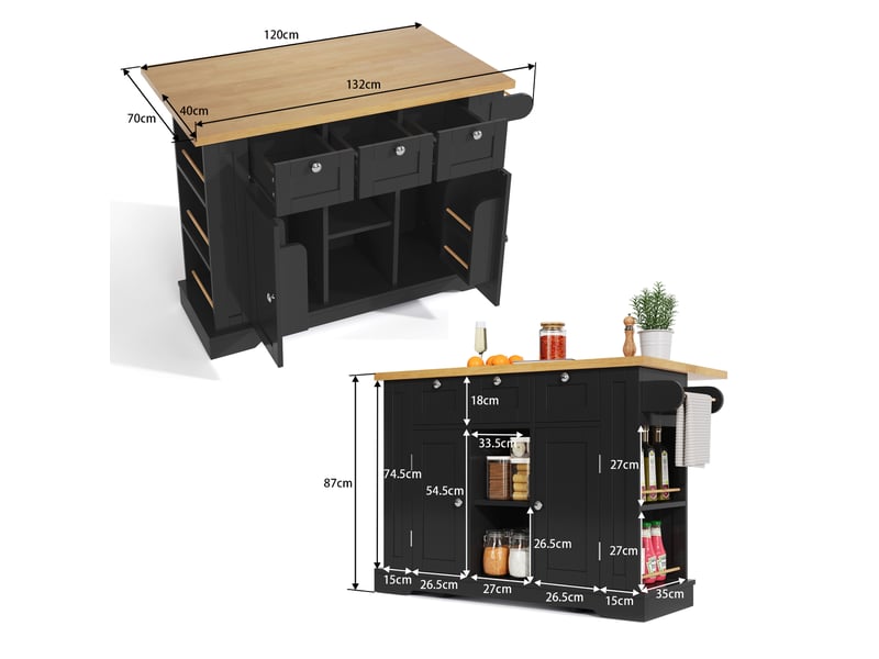  Desserte roulante,chariot de cuisine avec 2 portes,3 tiroirs,2 niches,étagères ouvertes,plateau pliable,prise usb et porte-serviettes,noir desserte noir - Conforama C