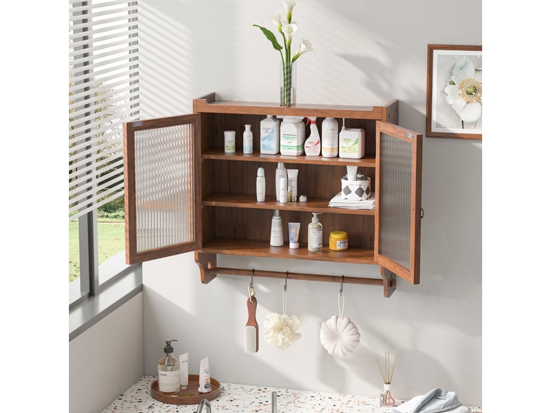 Armoire murale de portes vitrées 63x18x60cm, meuble de cuisine, porte-serviettes, mdf marron - Conforama W