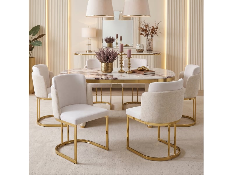 Lot de 6 chaises de salle à manger moderne confortables atmosphériques pieds galvanisés dorés matériau chenille beige - Conforama B