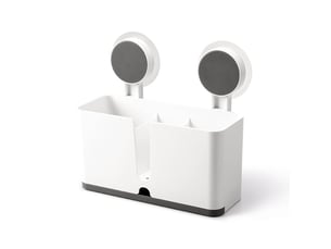 Porte-ustensiles de cuisine avec 2 ventouses et égouttoir pour couverts, éponges, brosses, grattoirs, baguettes - white