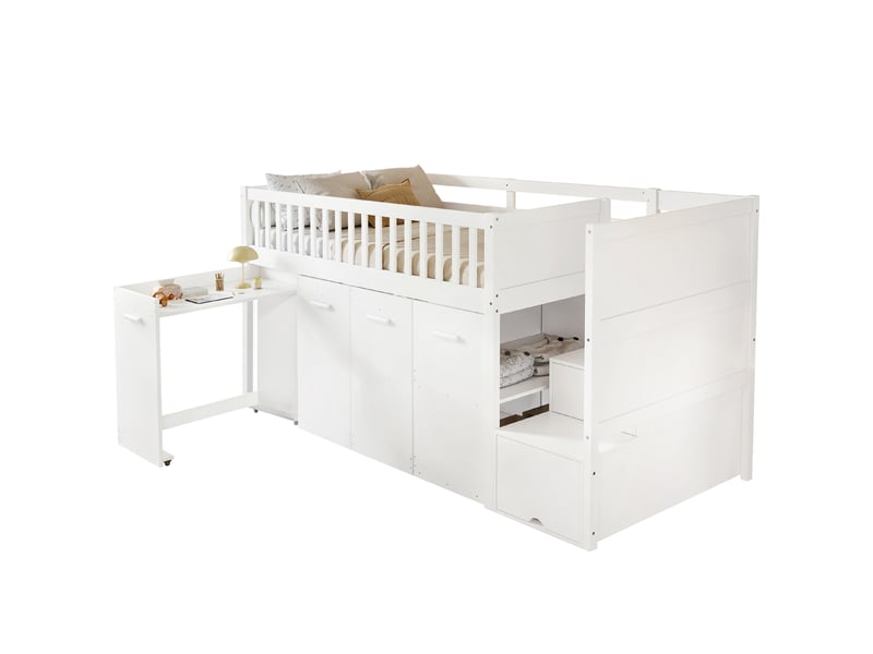  Lit superposé enfant 90x200 cm avec bureau coulissant et rangements, bois et mdf blanc sans matelas  - Conforama A