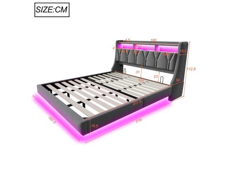  Lit capitonné 180 x 200 cm, tête de lit rabattable avec prise et compartiment de rangement, éclairage led, pieds de lit élargis, design suspendu, revêtement en velours gris  - Conforama C