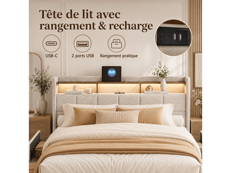  Lit 160 x 200 cm avec sommier - 4 tiroirs - cadre de lit rembourré avec led intégrée et usb type‑c - lit coffre double avec rangement et tete de lit capitonné - 2 personnes - 2 places- en lin - beige - chambre adulteado - sans m…  - Conforama C