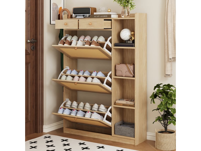  Meuble à chaussures rotin étroit, armoire 3 abattants et tiroirs, profondeur 24 cm, gain de place, naturel  - Conforama R