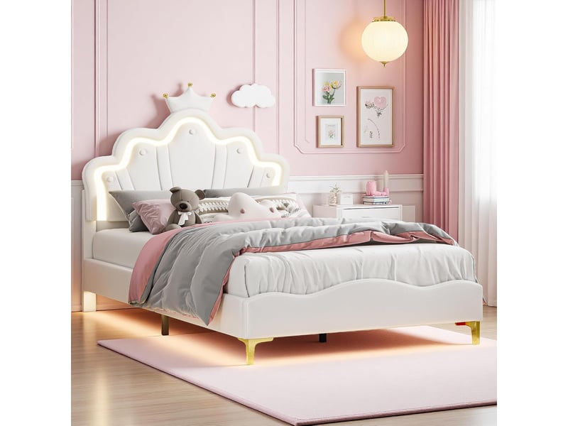 Lit jeune fille 140x200 cm cadre de lit rembourré simili cuir pu, tête de lit couronnée réglable, éclairage led rgb tête + sous lit, lit princesse pour chambre enfant  - Conforama B