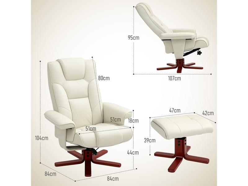  Fauteuil inclinable avec repose-pieds, aspect cuir, dossier inclinable, jusqu'à 150 kg, blanc crème  - Conforama E