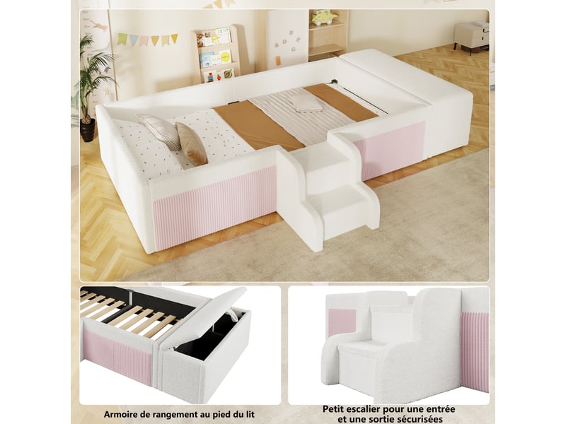 Lit enfant 90x190 cm rembourré en bouclé blanc, avec petite échelle, banquette coffre de rangement mobile, barrières de sécurité et design confortable - Conforama E