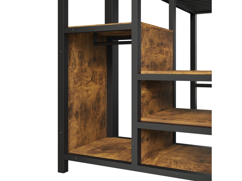 Lit mezzanine métal 140x200 cm tiroirs tringle vêtements garde-corps escalier rangement noir sans matelas - Conforama D