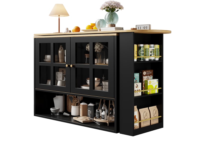 Ilot cuisine, buffet de cuisine avec rangements intégrés, plateau extensible, pivotant à 360°, dimensions 138 à 204 x 39 x 102,5 cm, mdf, noir - Conforama A